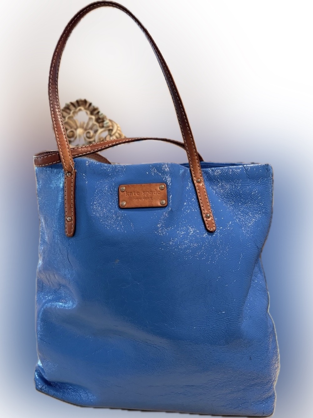 kate spade XXL exquisite cobalt blue leather tote with brown handles